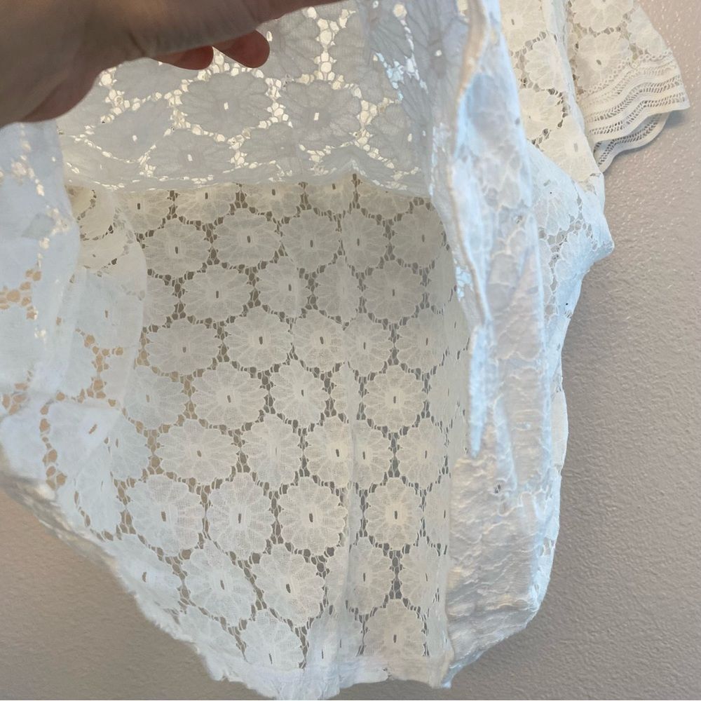 LOFT white lace crochet semi sheer crewneck blouse 
top cotton nylon beachy M - Picture 3 of 9